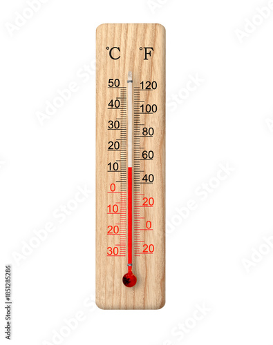 Wooden celsius and fahrenheit scale thermometer isolated on transparent background. Ambient temperature plus 12 degrees