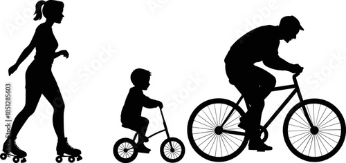 Vector Illustration of Family Outdoor Activity Silhouette, Featuring a Woman Rollerblading, Child on a Tricycle, and a Man Riding Bicycle