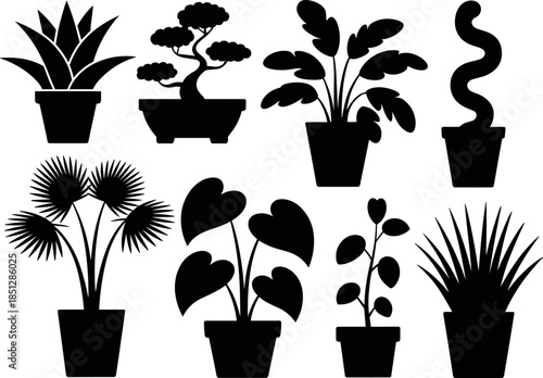 Vector Illustration of Potted Houseplant Silhouette Set, Featuring Eight Different Decorative Indoor Plants and Bonsai for Home and Garden Concepts