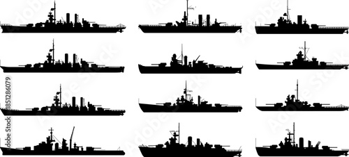 Vector Illustration of Naval Warship Silhouette Set, Featuring Twelve Different Military Battle Cruiser and Destroyer Ship Designs for Maritime History and Navy Concepts
