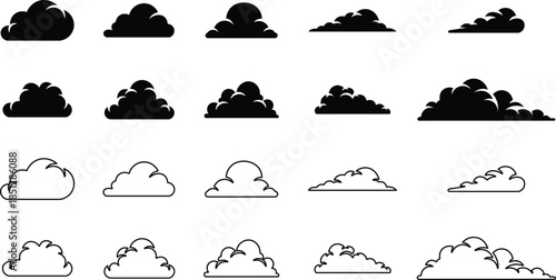 Collection of black and white cloud icons and outlines clouds silhouette