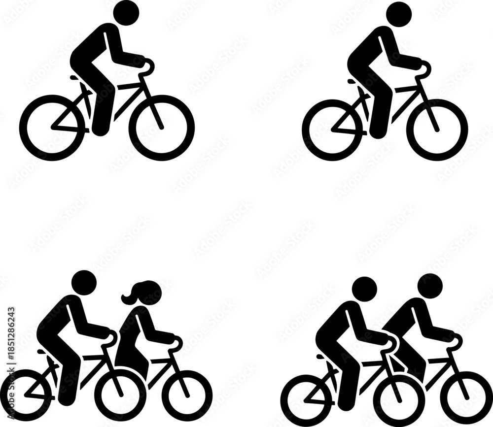 Fototapeta premium Vector Illustration of Stick Figure Cycling Silhouette Set, Featuring Individuals and Couples Riding Bicycles for Fitness and Urban Transportation Concepts