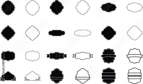 Collection of black and white ornamental label and badge shapes decorative