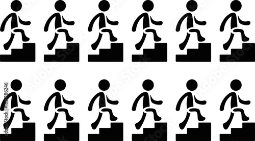 Vector Illustration of Successive Career Growth Icons, Featuring Black Silhouette Figures Climbing Stairs for Progress, Personal Development, and Achievement Concept Graphic