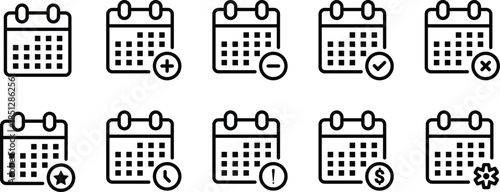 Calendar icons with plus minus check mark cross star clock alert dollar and gear date schedule