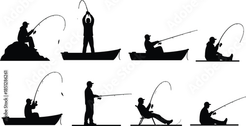 Fishing, silhouette, angler, boat, rod, fish, outdoor, recreation, lake, river, casting, reeling, catch, hobby, nature, sport, water, fisherman, leisure, activity