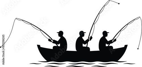 Fishing, boat, silhouette, angler, rod, water, lake, river, catch, hobby, nature, sport, outdoor, leisure, waves, sitting, casting, fishing line, peaceful, recreation