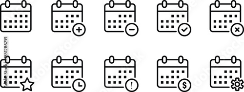 Collection of calendar icons with various symbols and actions date