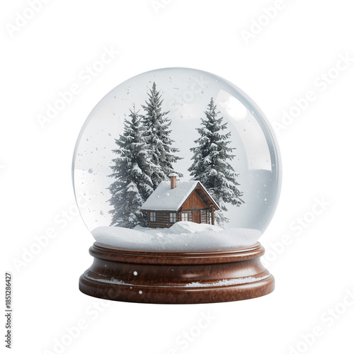 Snow Globe With a Cabin and Pine Trees in a Winter Scene on a Wooden Base