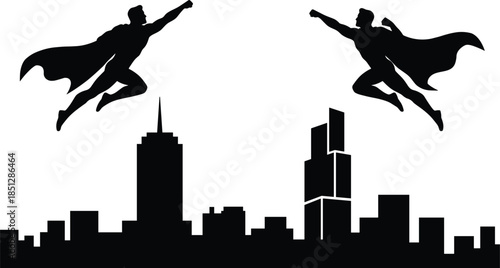 Flying superhero silhouettes above modern city skyline, powerful male heroes in action pose, comic style urban illustration, isolated white background
