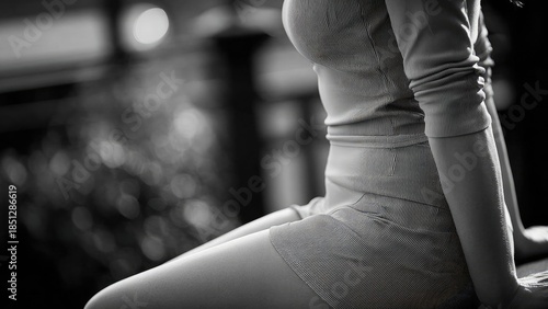 A person in a fitted ribbed dress sits sideways on a bench, captured in black and white. Concept Monochrome portrait, Fitted ribbed dress, Sideways pose, Bench setting, Fashion photography