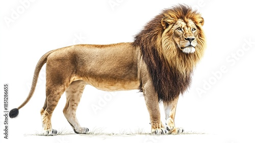 A majestic lion standing proudly in a serene natural environment with a stunning mane