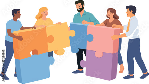 A flat illustration shows a diverse team of people working together to connect oversized colorful puzzle pieces, symbolizing collaboration and teamwork.