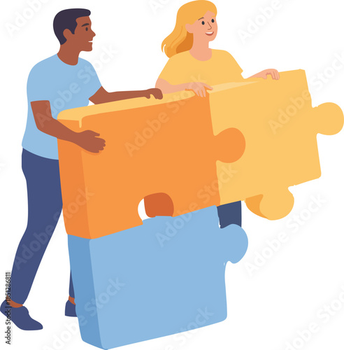 A flat-style illustration depicts two people working together to carry and align oversized colorful puzzle pieces, representing cooperation and teamwork.