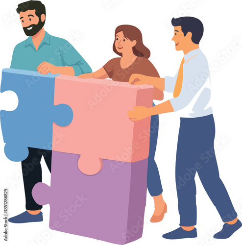 A flat-style illustration shows three people collaborating to assemble large colorful puzzle pieces, representing teamwork and cooperation.