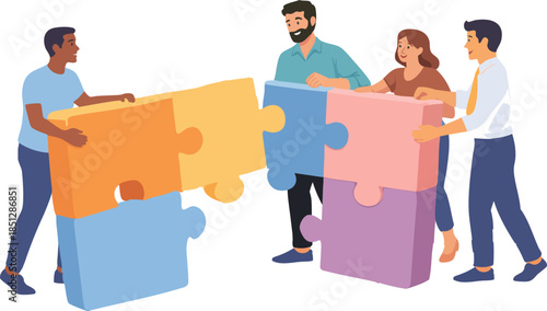 A flat illustration shows a diverse team of people working together to connect oversized colorful puzzle pieces, symbolizing collaboration and teamwork.