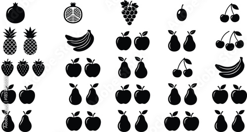 Fruit silhouettes collection apples bananas pears grapes cherries pineapple isolated black white illustration healthy food icon set