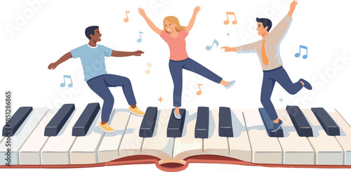 A lively flat illustration shows three people dancing joyfully on oversized piano keys with musical notes floating around, symbolizing creativity and rhythm.