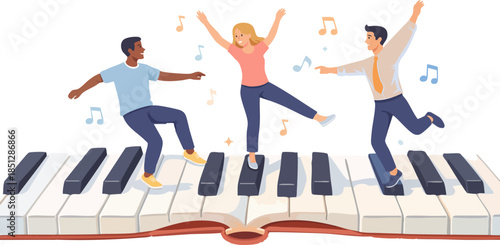 A lively flat illustration shows three people dancing joyfully on oversized piano keys with musical notes floating around, symbolizing creativity and rhythm.