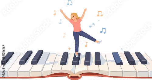 A cheerful flat illustration shows a woman dancing on oversized piano keys with floating musical notes, expressing joy and creativity.