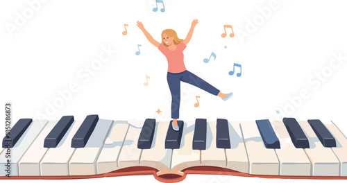A cheerful flat illustration shows a woman dancing on oversized piano keys with floating musical notes, expressing joy and creativity.