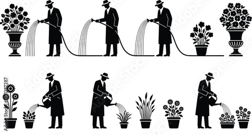 Gardener watering potted plants silhouettes set, man caring for flowers and greenery, gardening work and nature lifestyle isolated on white background