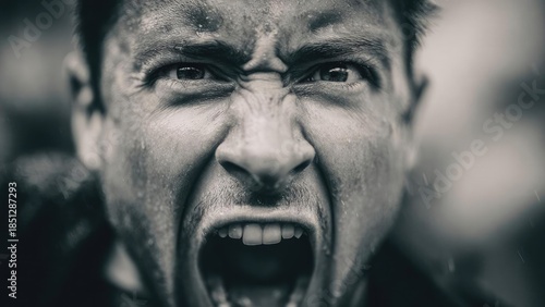 Close-up of a man screaming, eyes squinted, mouth wide open, sweat on his face. Concept Close-up portrait of a man screaming, Intense emotion with squinted eyes and wide open mouth