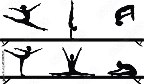 Gymnast silhouettes performing balance beam routines flexibility strength athletic training isolated black white illustration gymnastics sport concept