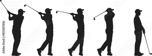 Golfer silhouette sequence showing golf swing motion, professional player actions with club, sports technique progression isolated on white background