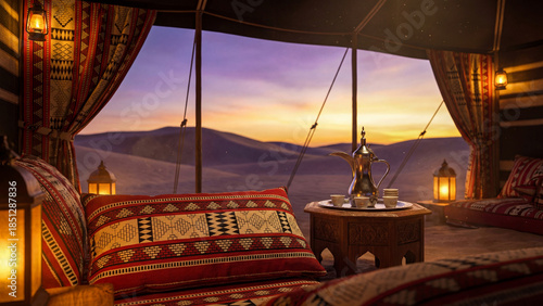 Luxury Desert Camping Setup with Traditional Saudi Sadu Cushions and Arabic Coffee