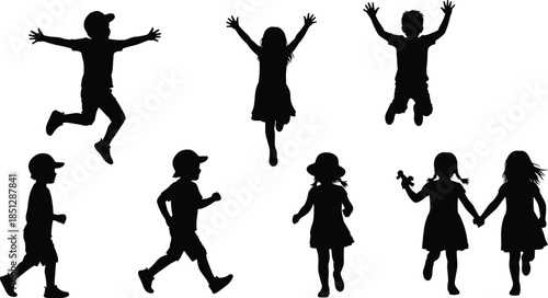 Happy children silhouettes jumping and playing together, joyful kids activities concept, boys and girls having fun isolated on white background