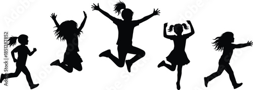 Happy children silhouettes jumping and running together, playful kids energy, childhood joy, freedom concept, black vector illustration isolated