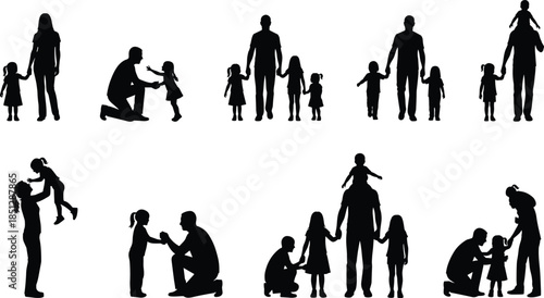 Happy family silhouettes collection showing parents and children together, love care bonding moments, parenthood lifestyle, black vector illustration isolated