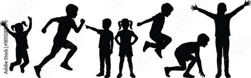 Happy children silhouettes playing and jumping together, active kids movement poses, playful childhood activities isolated on white background illustration
