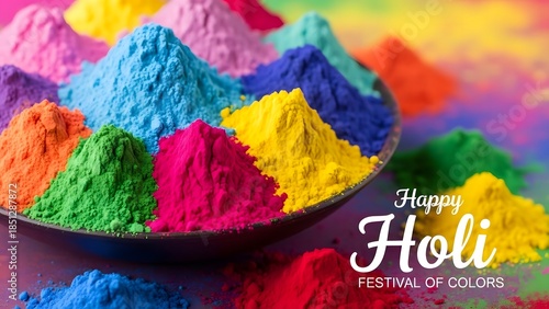 Vibrant celebration of holi festival with colorful powdered pigments and happy wishes