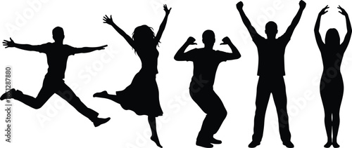 Happy people jumping silhouettes celebrating success teamwork freedom energy joy isolated on white background group motion lifestyle concept