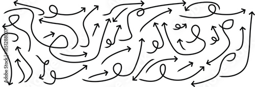 Hand drawn crayon various arrows. curved, wavy and straight lines arrow. Direction pointers for notes.