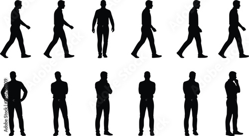 Men silhouettes collection showing walking and standing poses, casual male movements and posture variations, modern lifestyle people black vector illustration