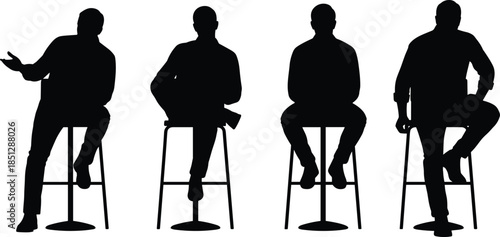 Men silhouettes sitting on stools, casual conversation and interview concept, male figures in different poses isolated on white background