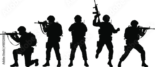 Military soldiers silhouettes in combat poses with rifles, special forces teamwork, tactical operation, army defense concept, black vector illustration isolated