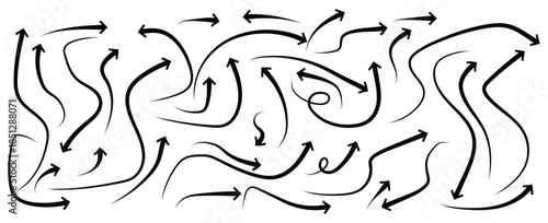 Hand drawn arrow set featuring curved, straight, dotted, and swirled arrows design. Arrow vector for creative design and decorative purposes.