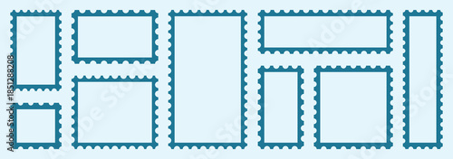 Blue postage stamps set. Post stamp frames and borders. Rectangle, square template for mail, postcard, letter, note.