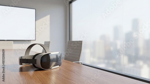 Modern workspace setup virtual reality headset lying on a conference table