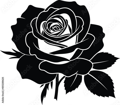 Black and white rose with detailed petals and leaves 1