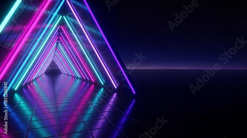 Abstract geometric background neon glowing tunnel triangular shape