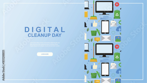 Digital cleanup day banner. Digital sobriety concept. Green IT. Clean data ideal for sustainable business. Corporate sustainability. Digital carbon footprint. Flat design. Vector illustration