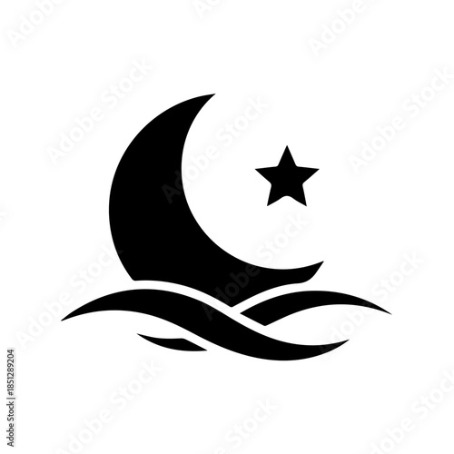 Symbolic moon and star over waves