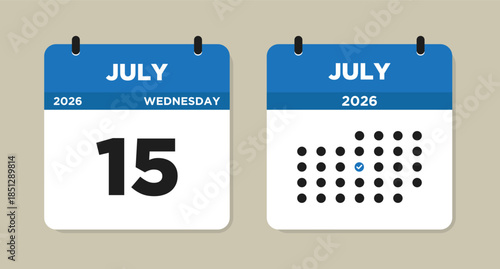 July 15 2026 (Wednesday) Calendar page Vector Illustration. 15 July calendar page. Day calendar with date July 15. Checklist day calendar. Week Starts on Sunday. Modern Calendar template icon