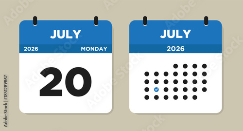 July 20 2026 (Monday) Calendar page Vector Illustration. 20 July calendar page. Day calendar with date July 20. Week Starts on Sunday. Modern Calendar template icon. Checklist day calendar.