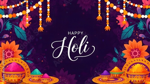 Vibrant holi celebration with colorful decorations and traditional elements